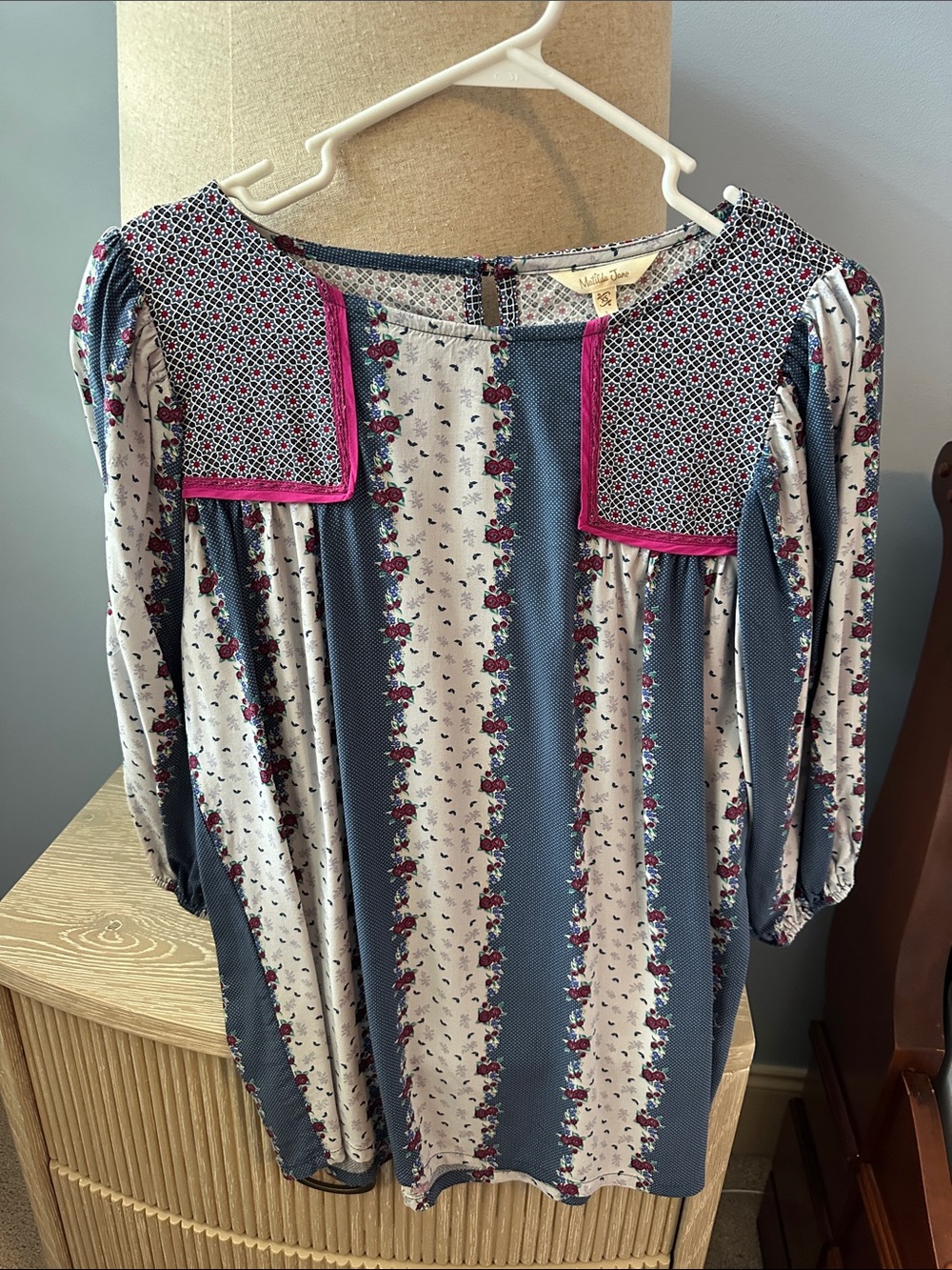Matilda Jane Blue and Cream Floral Panel Blouse with Pink Trim